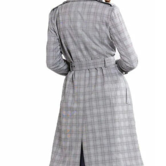 Elie Tahari Plaid Double Breasted Trench Coat Size Large Grey Preppy Classic - Picture 16 of 16